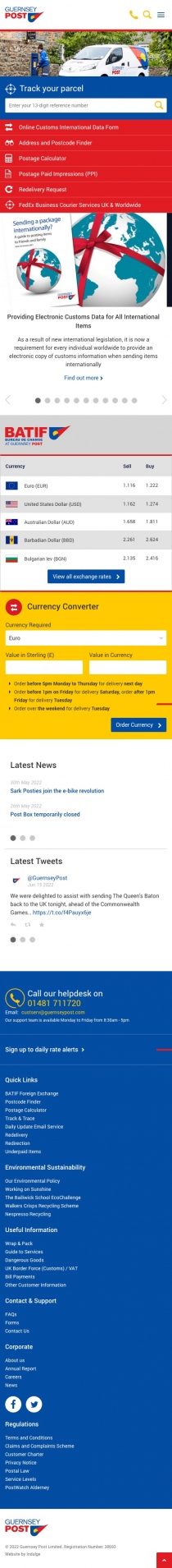 Guernsey Post website homepage screenshot on mobile device