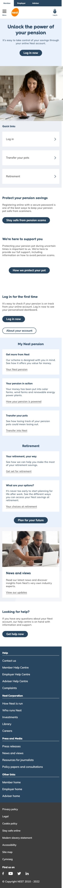 Nest Pensions website screenshot on mobile device