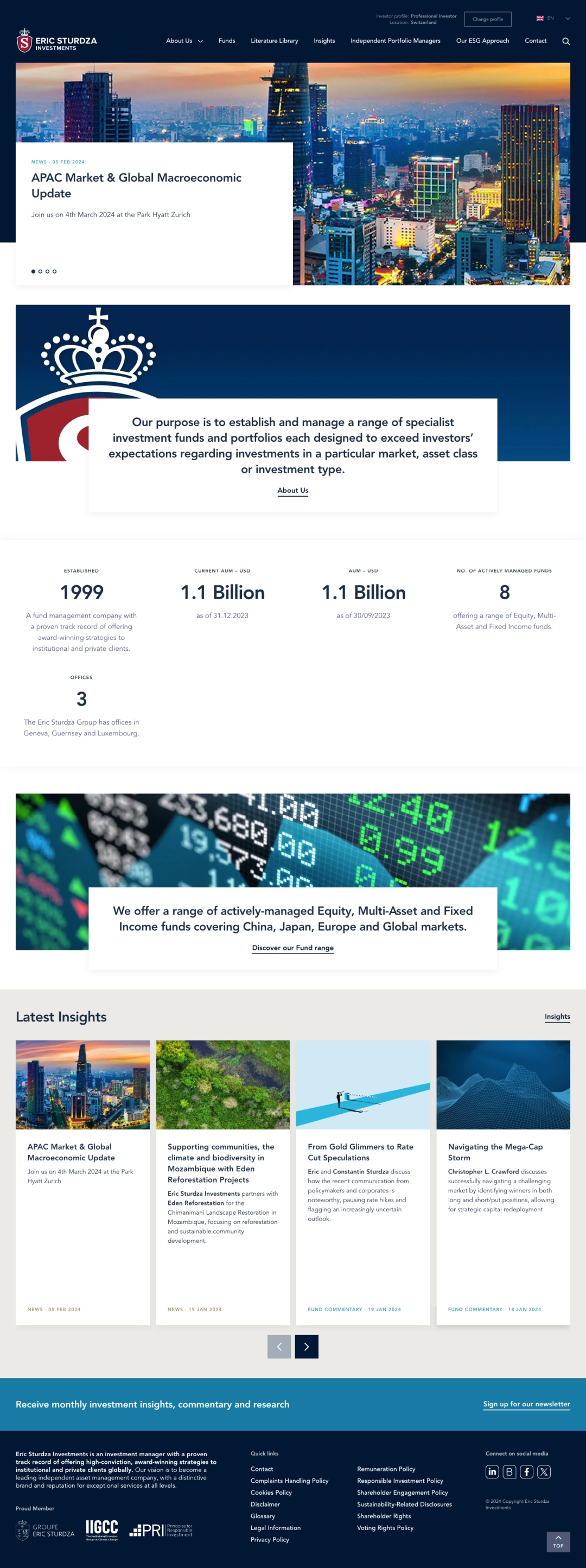 A screenshot of the Eric Sturdza Investments homepage
