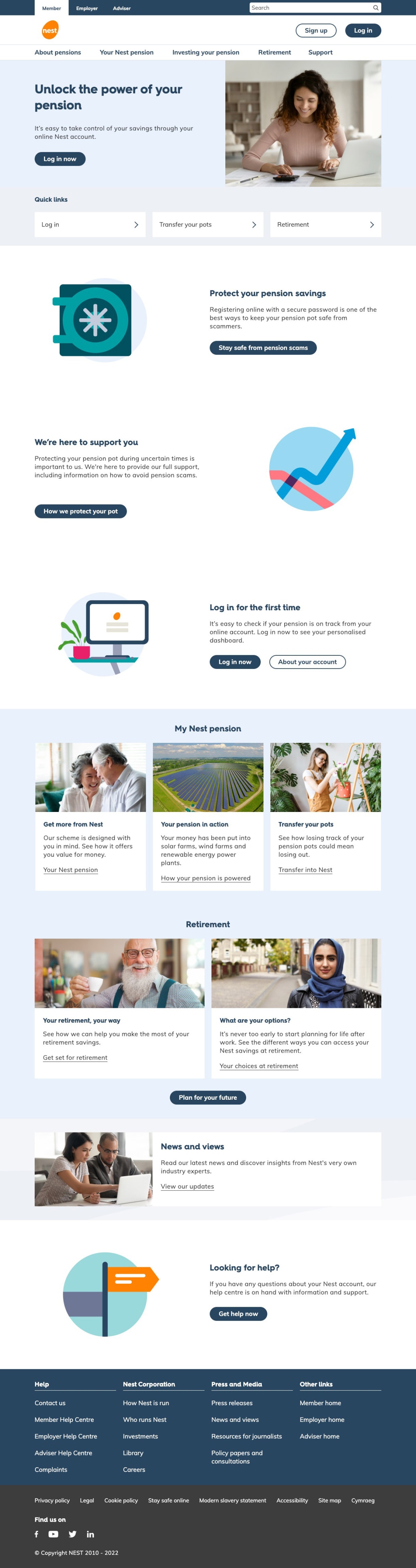 Nest Pensions website screenshot on desktop device